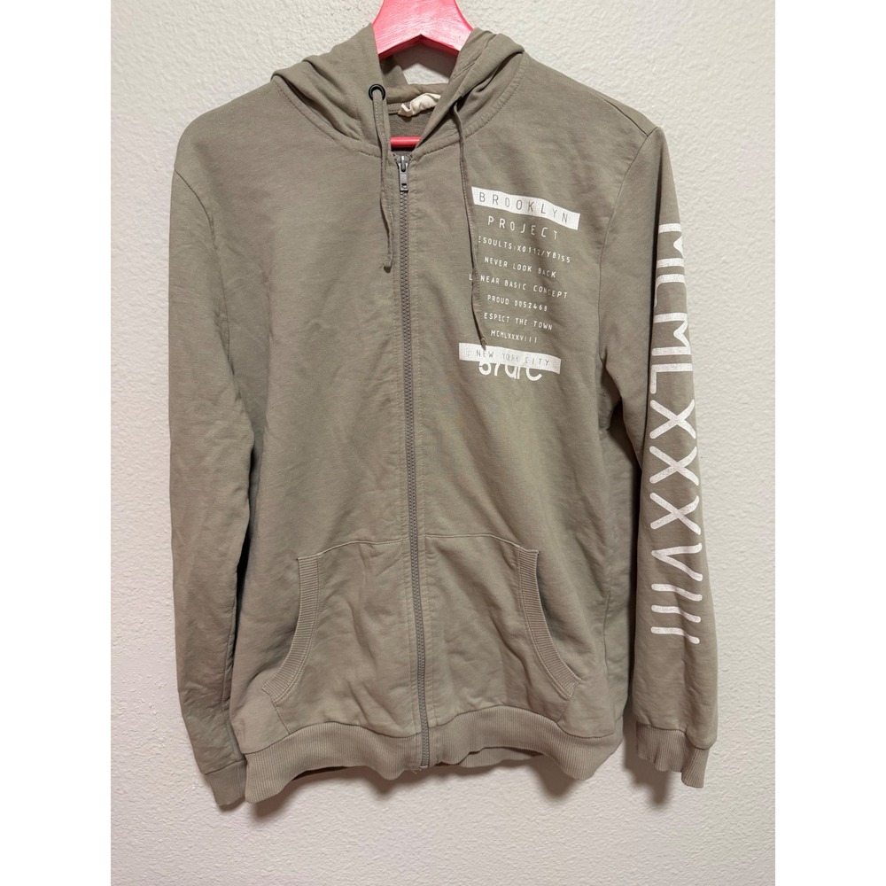 LCW Casual Mens Brooklyn Project Zip Up Hoodie Khaki Tan Graphic Sweatshirt M